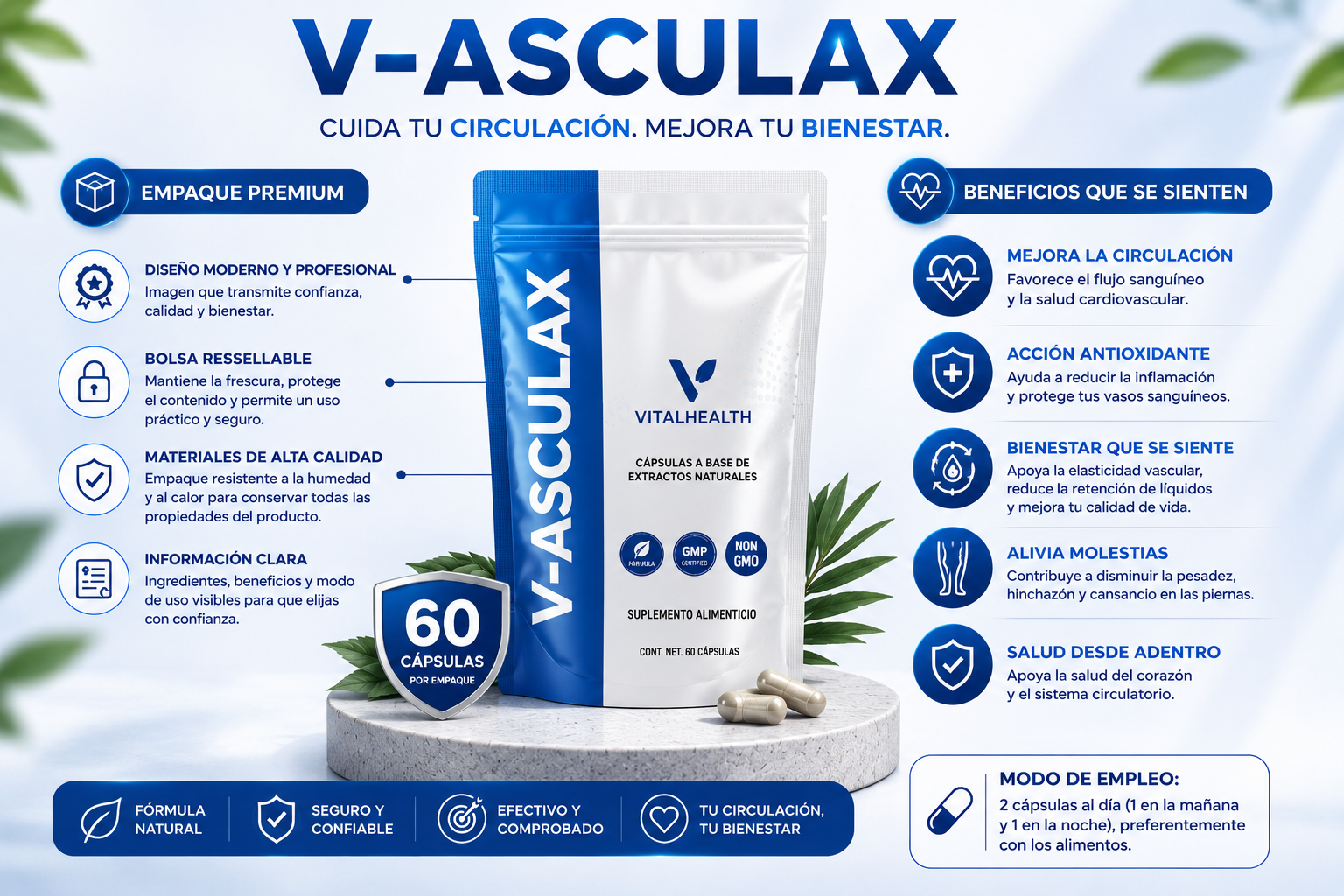 Empaque de V-Asculax 60 cápsulas